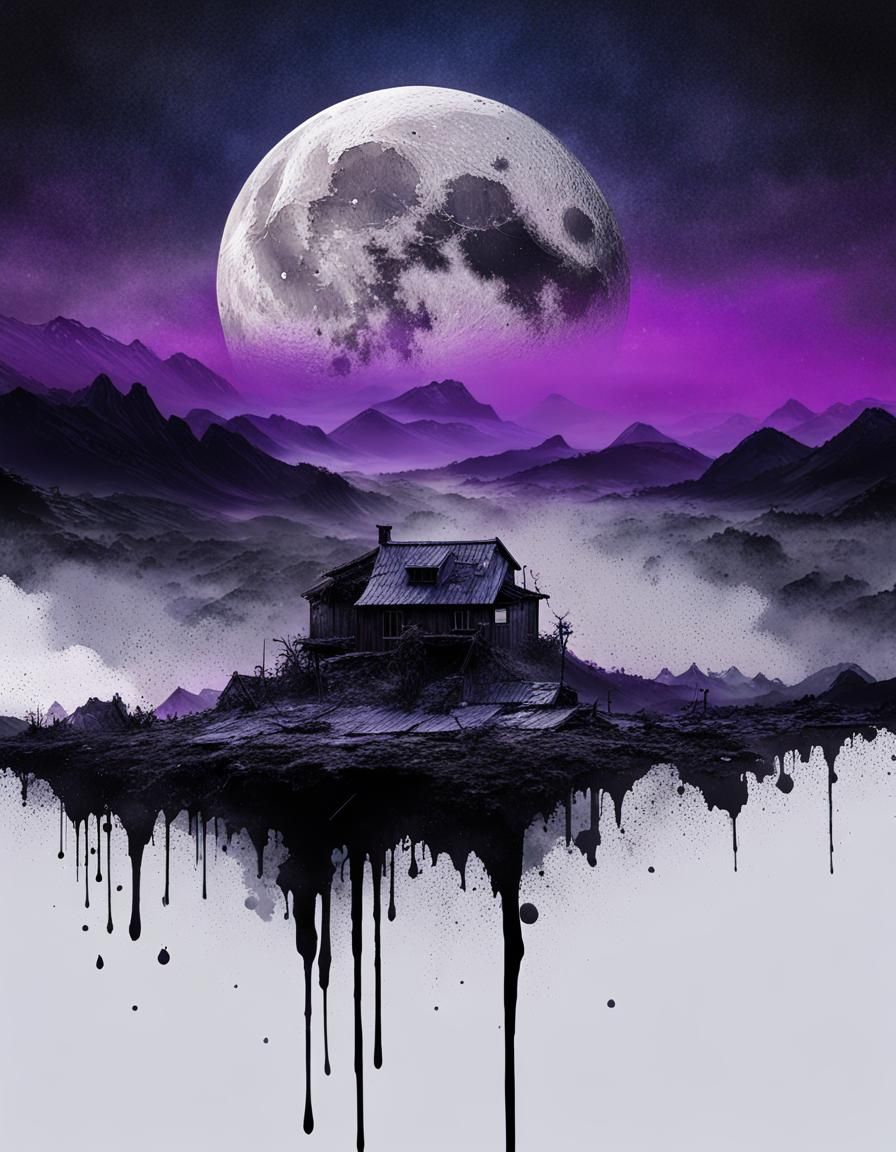 Moonlit Ink Splatter Landscape in Grayscale