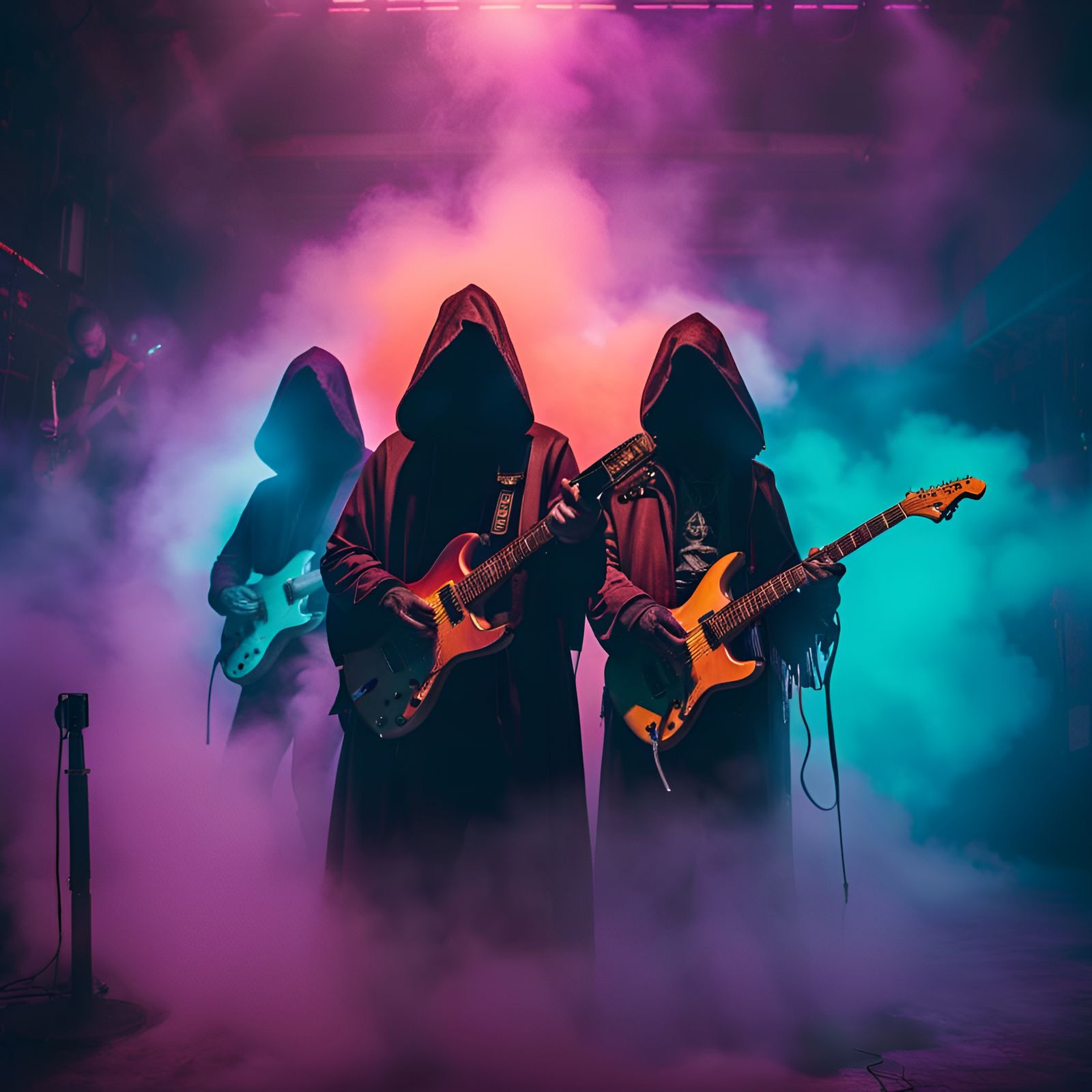 Menacing Hooded Guitarists in Fog-Shrouded Club