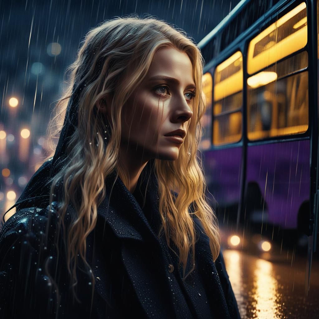 Rain-Soaked Bus: Cinematic Portrait of a Woman