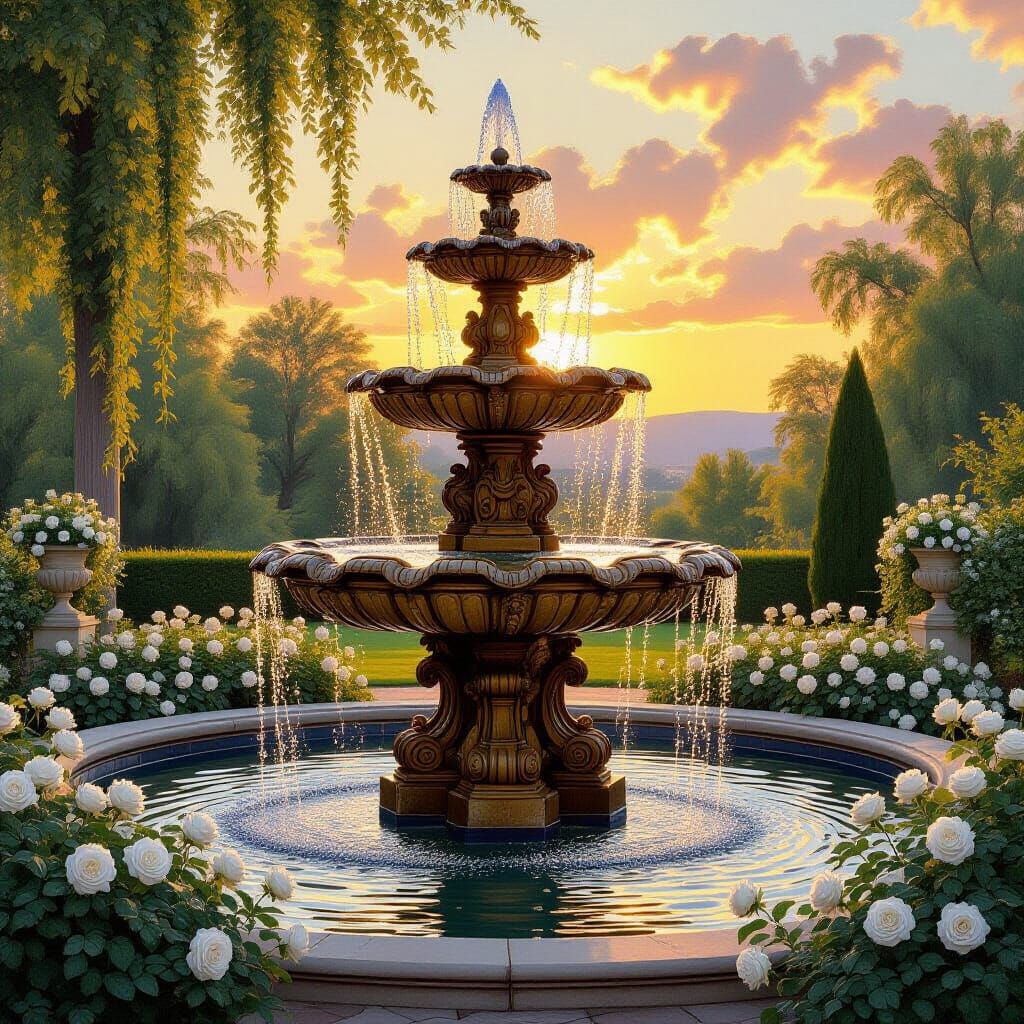 Romantic Fountain in Golden Light, Fragonard Style