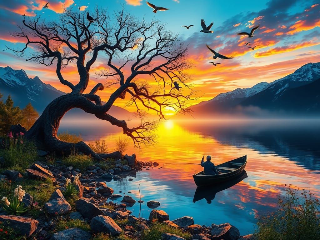 Ethereal Spring Landscape with Majestic Tree and Tranquil La...