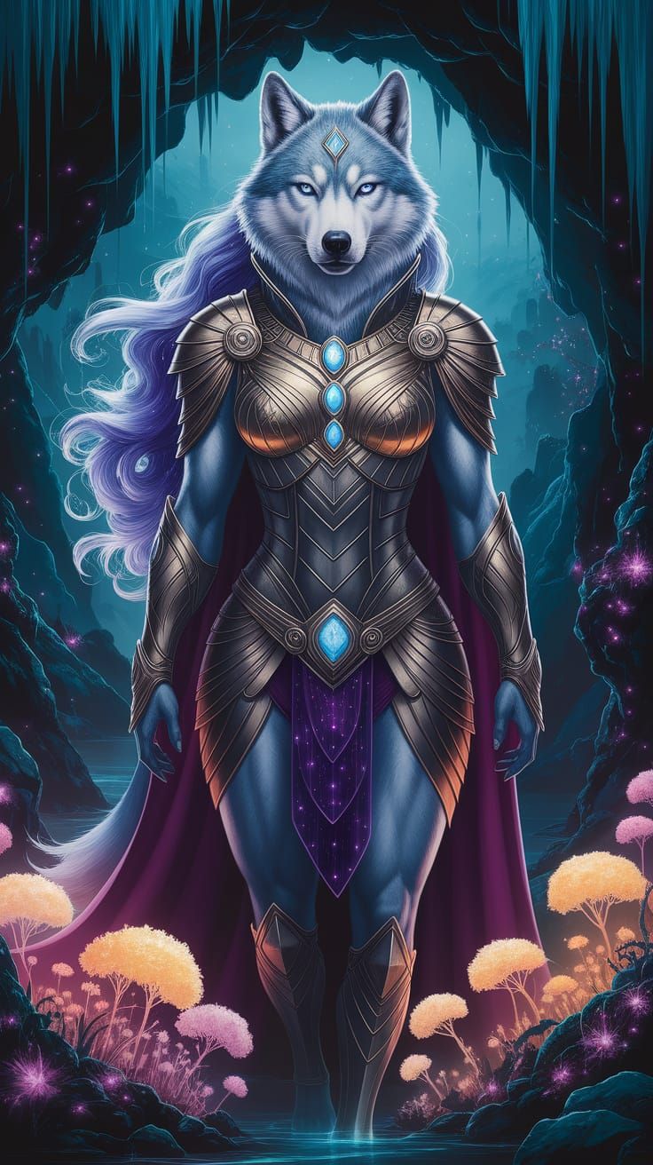 Wolf-Woman in Art Deco Armor, Bioluminescent Grotto