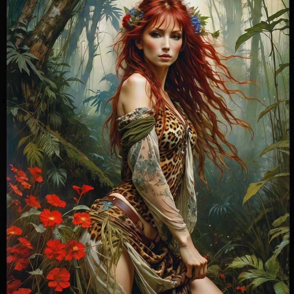 Red-Haired Woman in Jungle, Anime Style