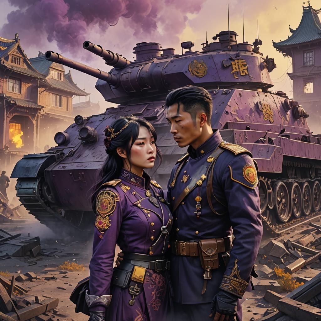 Chinese Couple Kissing Amid War, Hyperdetailed Dark Fantasy