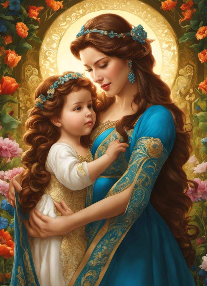 Mother and Child Portrait in Ornate Ink Illustration