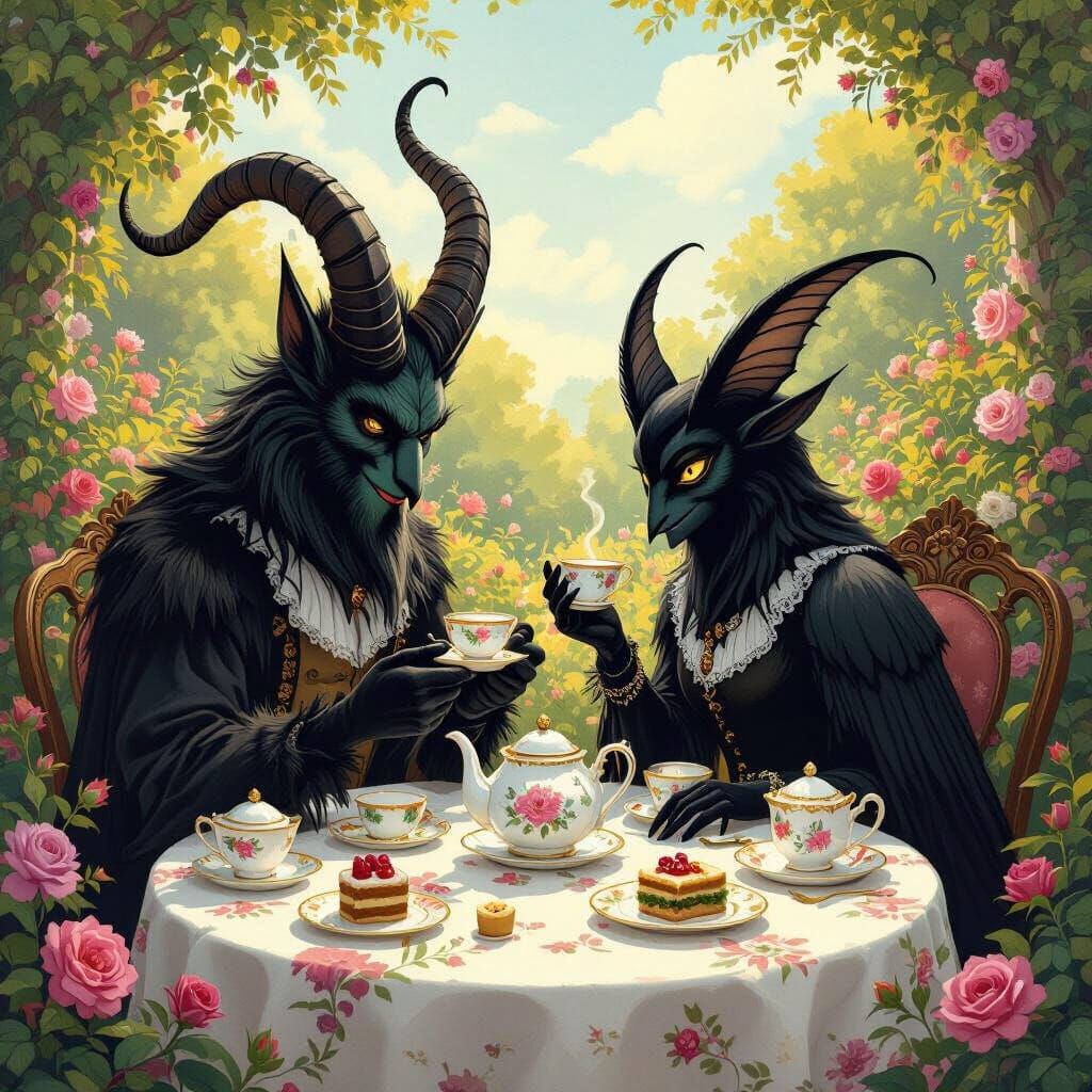Krampus and Mothman's Elegant Tea Party