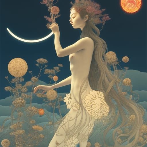 Woman in Surreal Sun and Moon Flower