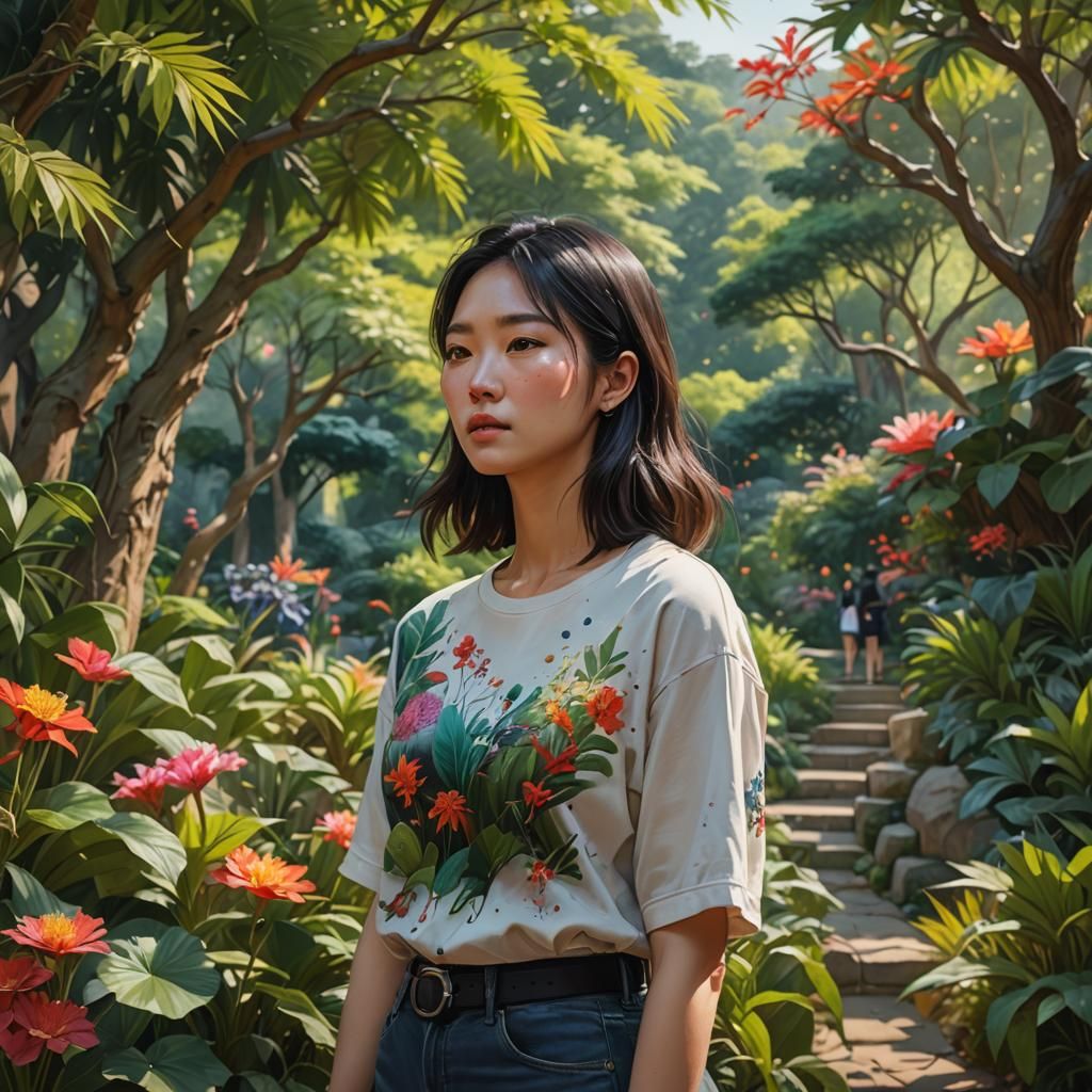 Korean Girl Visits Botanical Garden: Hyperrealistic Splash A...