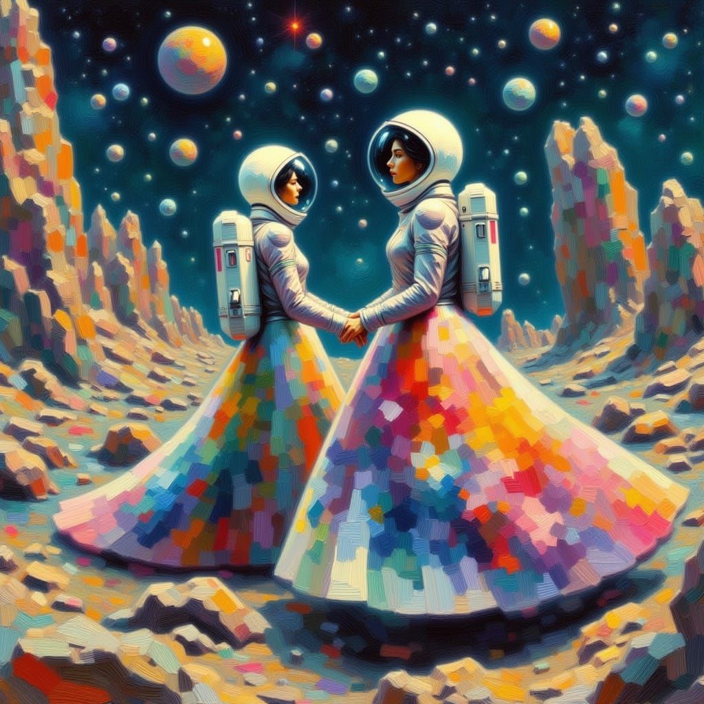 Prom in Space: Nostalgic 90s Photo with Nebula Skirts