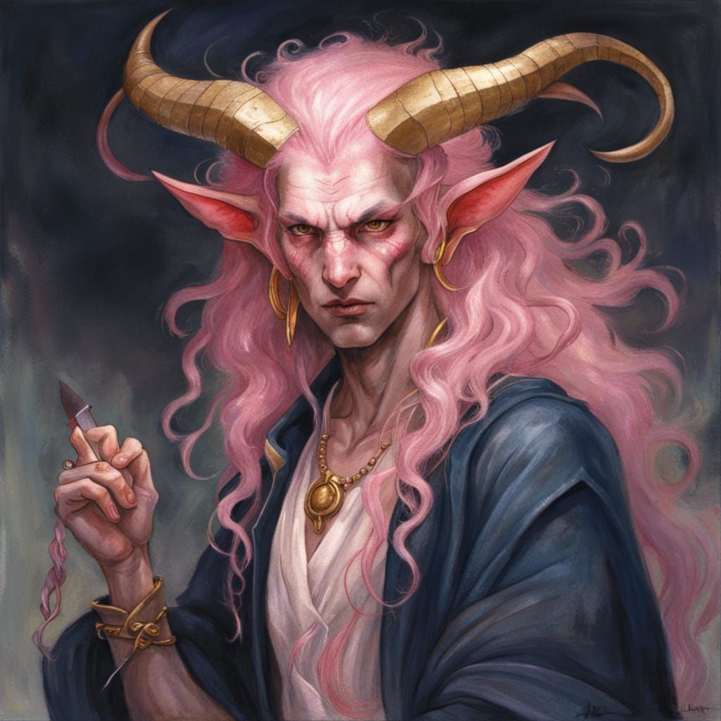 Tiefling Rogue with Pink Horns in Art Nouveau Style