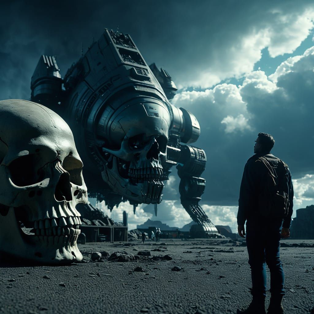 Ethereal Dark Fantasy: A Man Faces the Colossal Skull-Spaces...