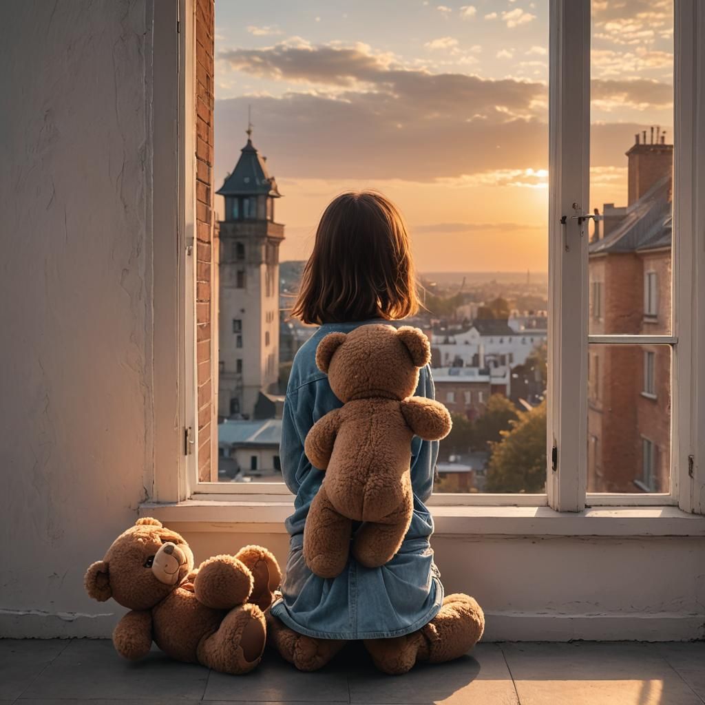 Girl with Teddy Bear at Sunset