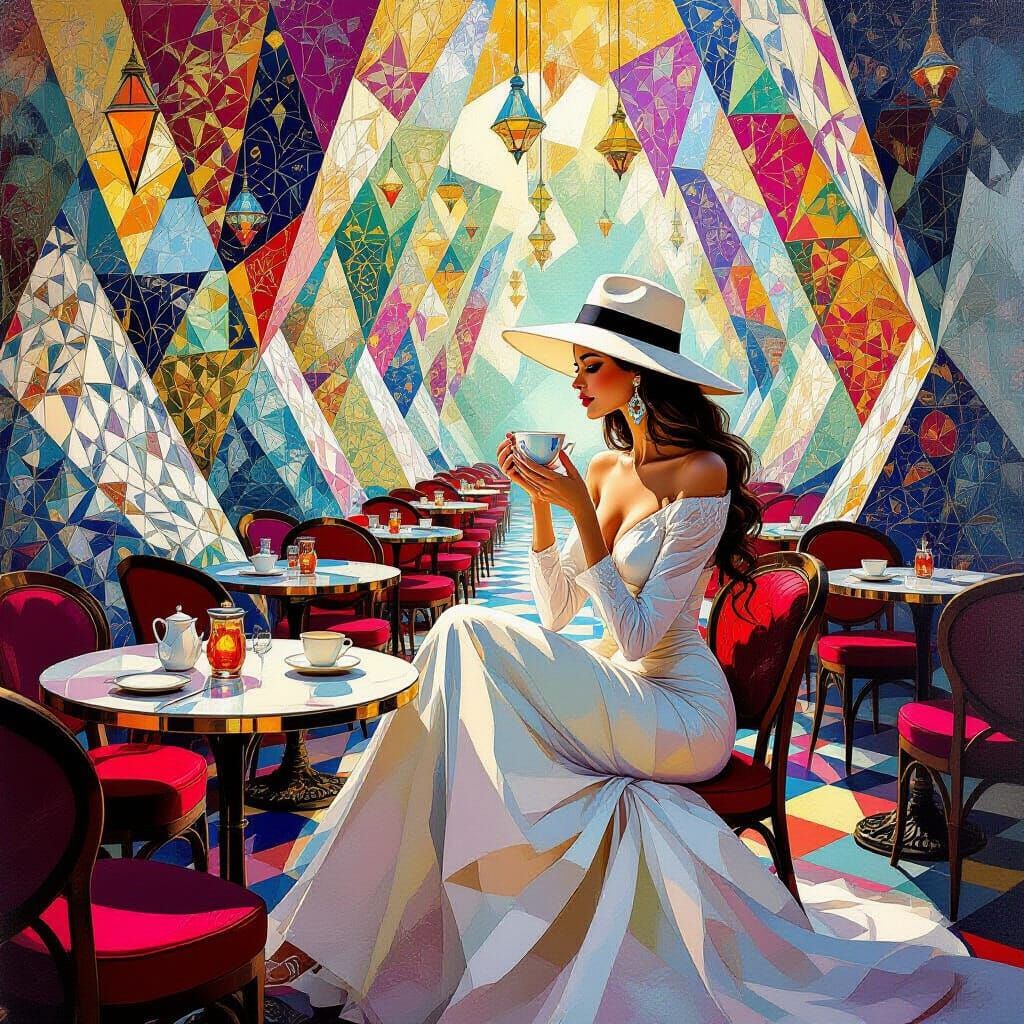 Woman in Surreal Cafe with Mirror Maze