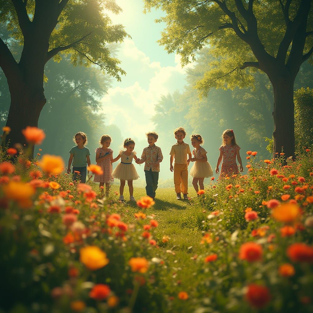 Whimsical Garden Scene in Warm, Golden Light