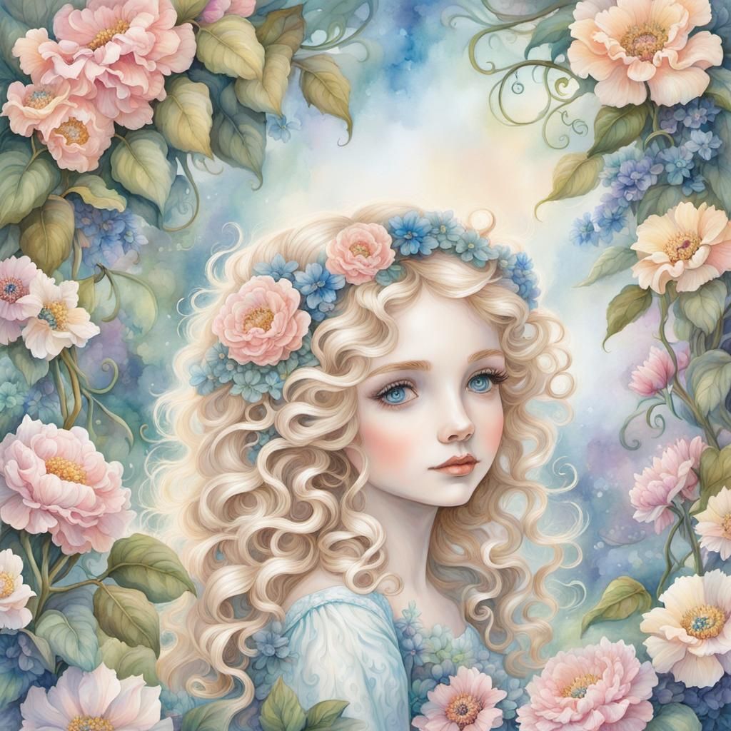 Ethereal Girl Surrounded by Flowers in Watercolor Style