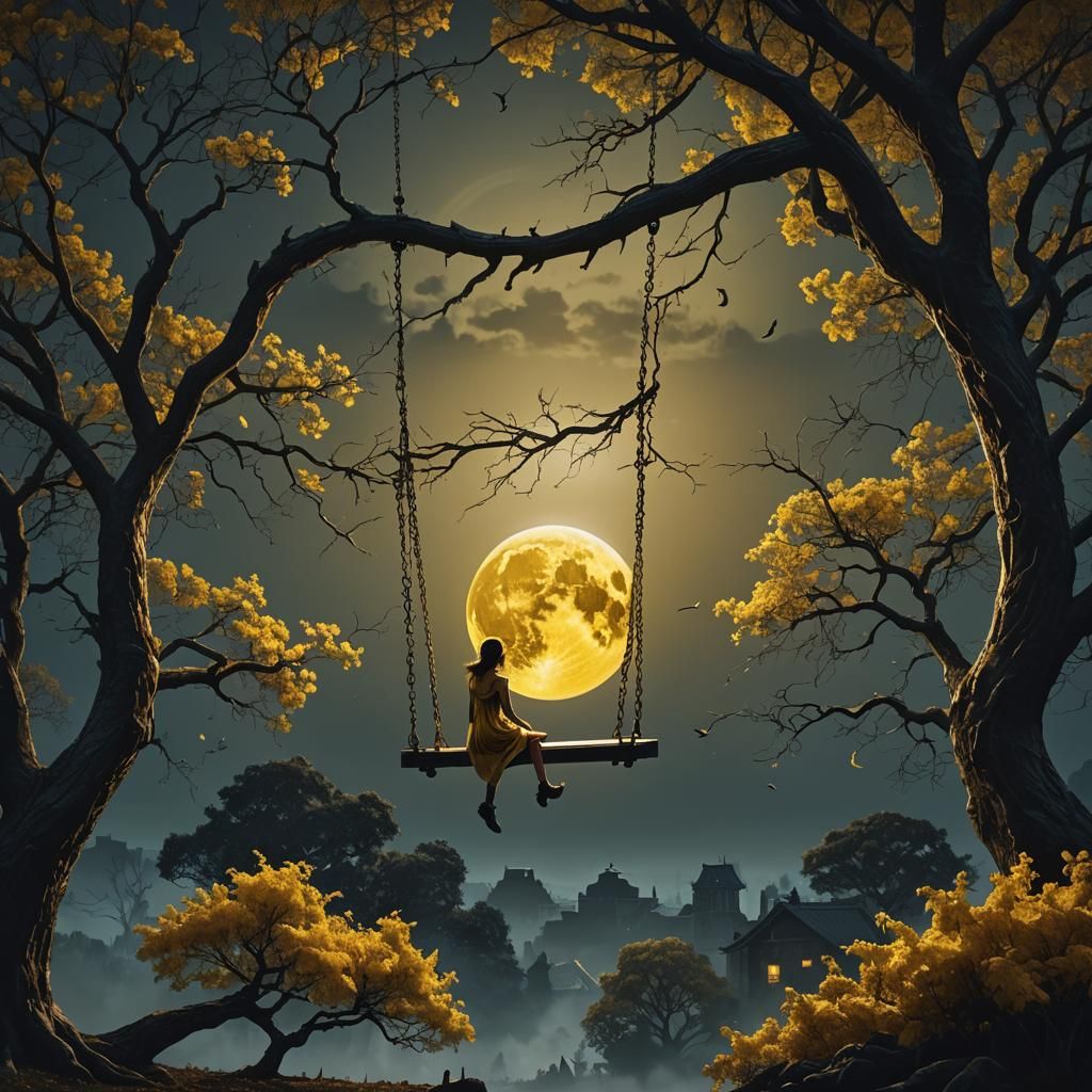 Girl on Swing with Yellow Moon: Digital Matte Painting