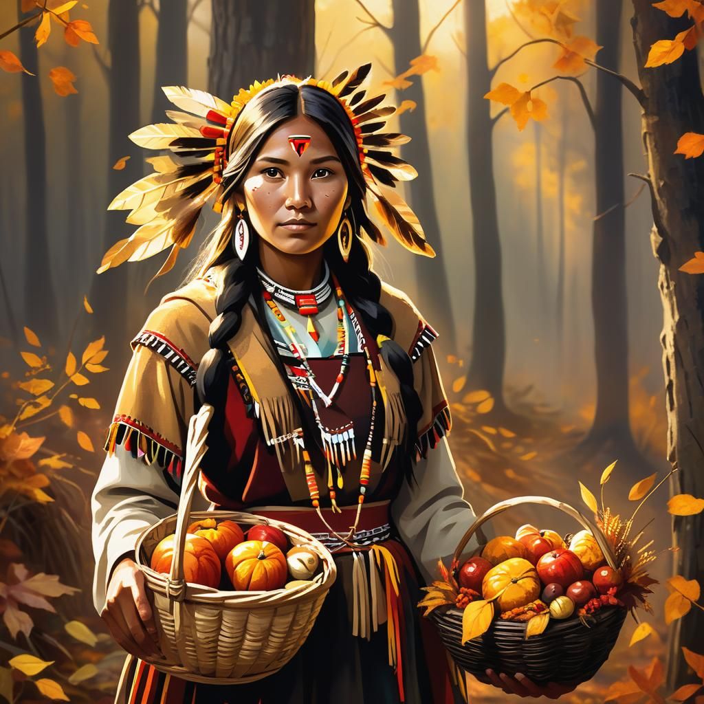 Native American Harvest Festival in Autumn Forest