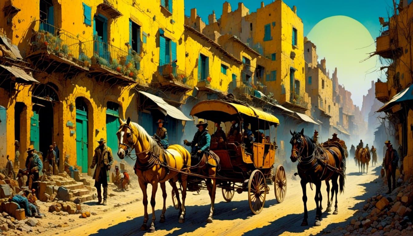 Yellow Bus in Crowded Alley, Impressionist Painting