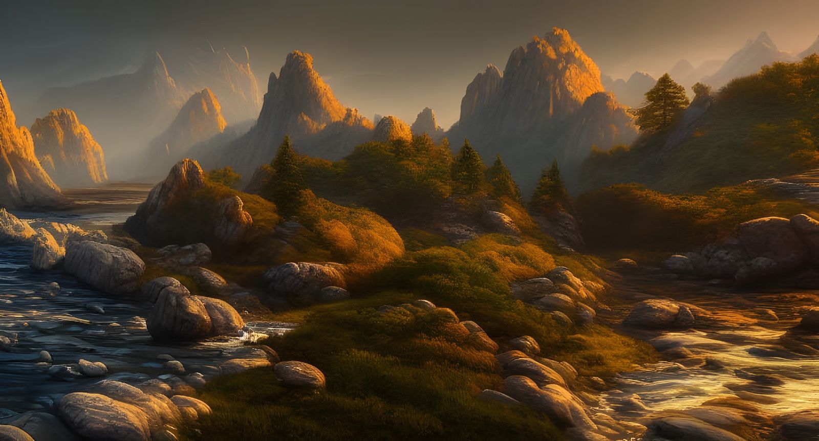 Sunlit River Valley: Detailed Matte Painting