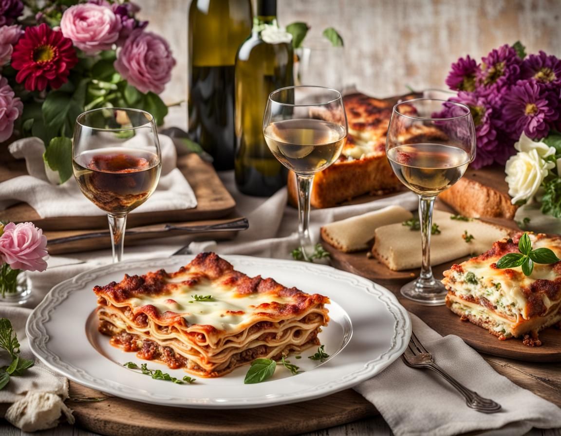 Lasagna Dinner with Wine and Flowers