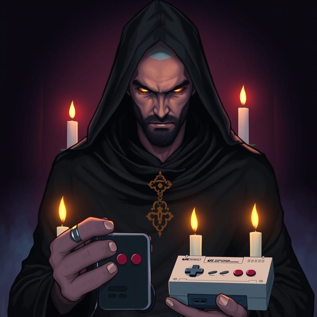 Mysterious Hooded Magician in Dark Robe with Retro Gaming Ac...