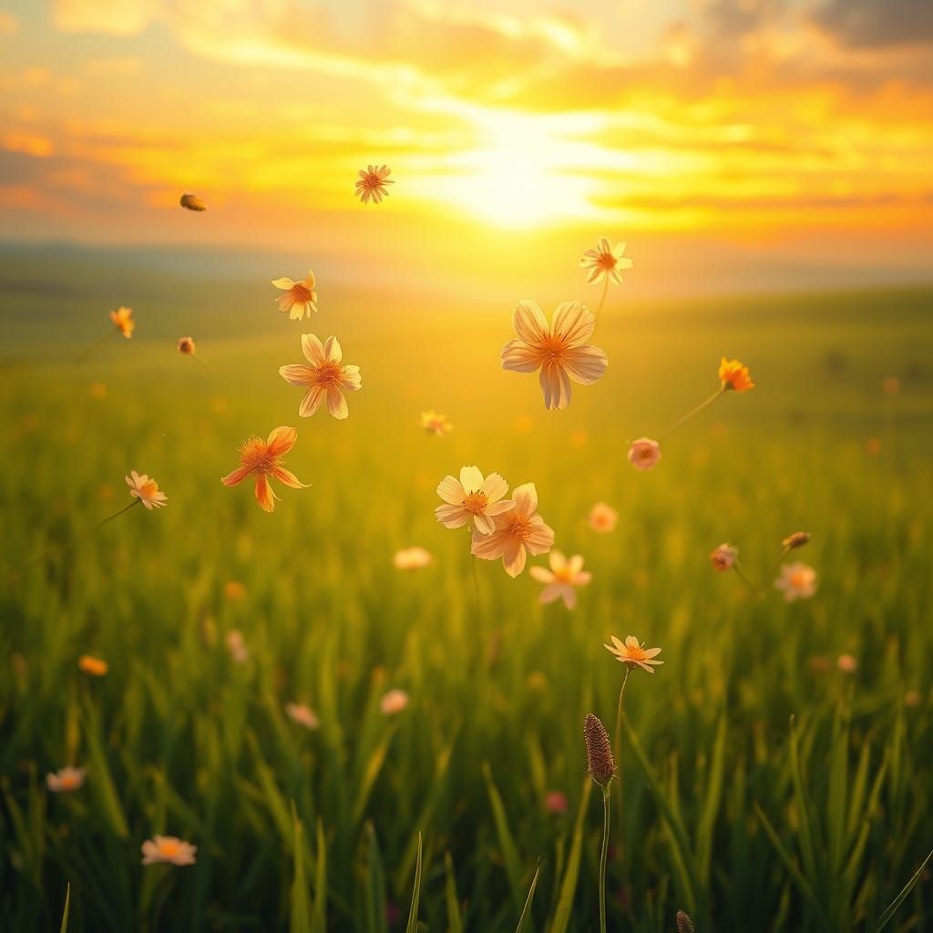 Delicate Flowers Dance Amidst Sunset Golden Hues in Whimsica...