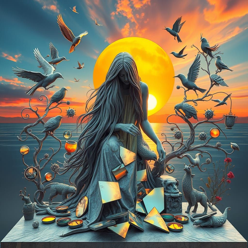 Surreal Sculpture of Woman with Flowing Hair