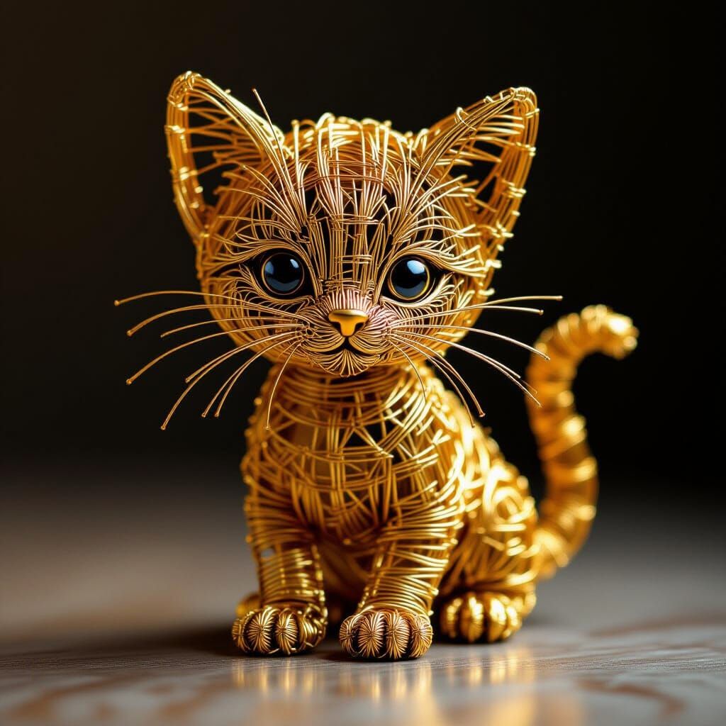 Golden Wire Sculpture of Kitten Playing