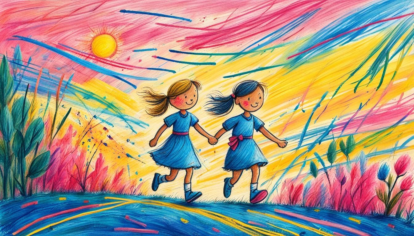 Naive Art: Children and Dog Running in Vibrant Colors