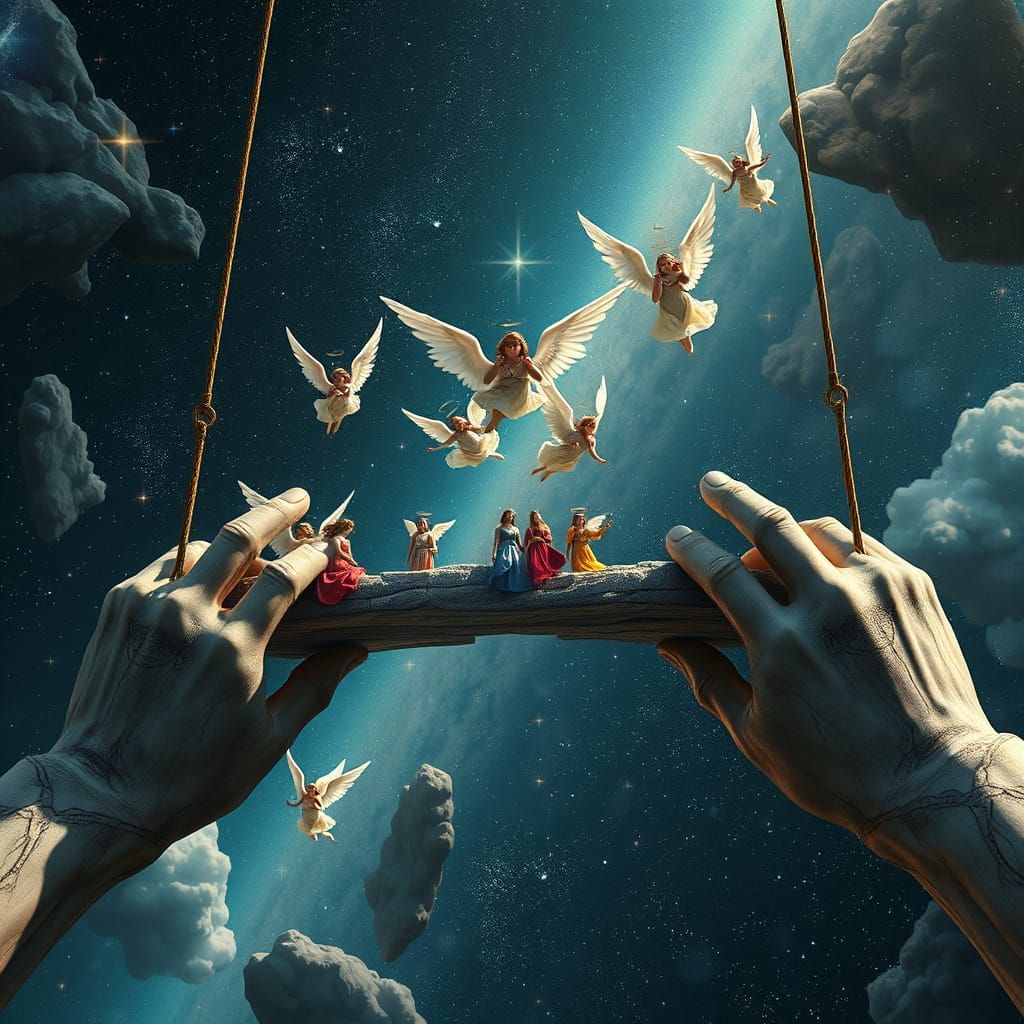 Ancient Bridge in Space Held by Marble Hands Among Stars