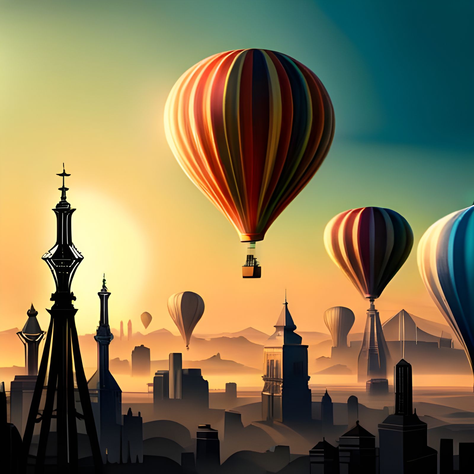 Dieselpunk Hot Air Balloon in Retrowave Abstract Art