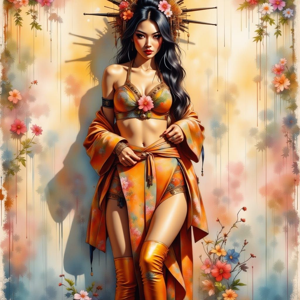 Asian Woman in Orange Bikini, Hyper-Realistic Style