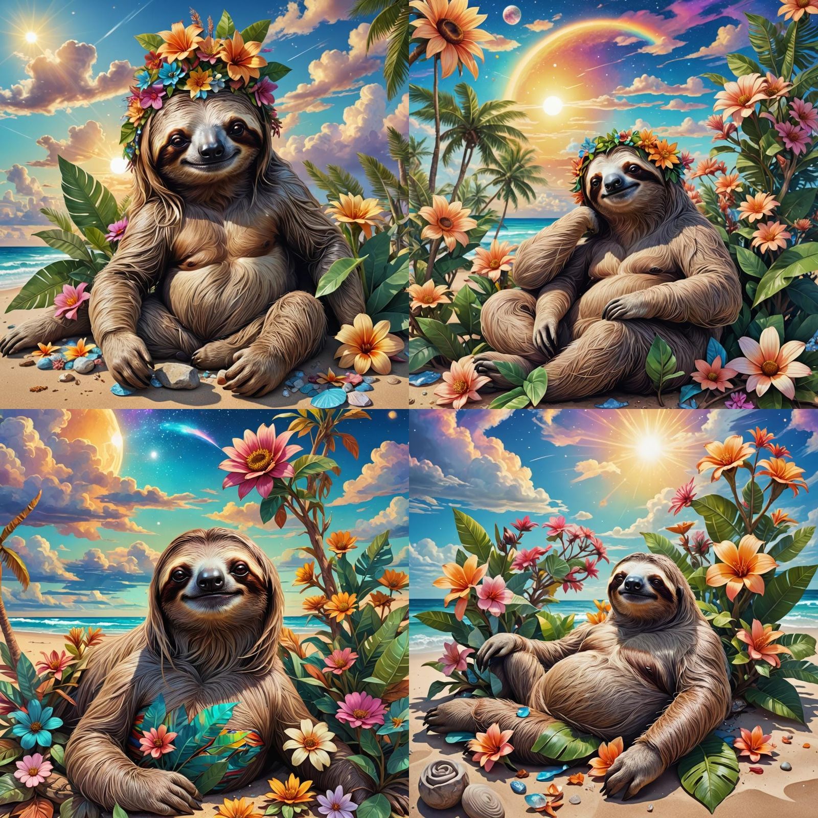 Sloth Lounging on Beach: Holographic Astral Illustration
