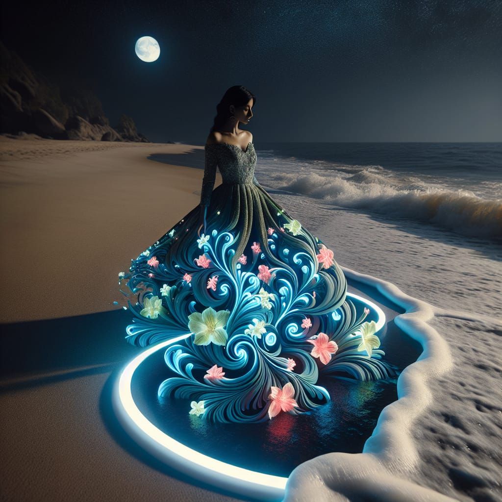 Neon Botanical Dress Vortex at Ocean Shore