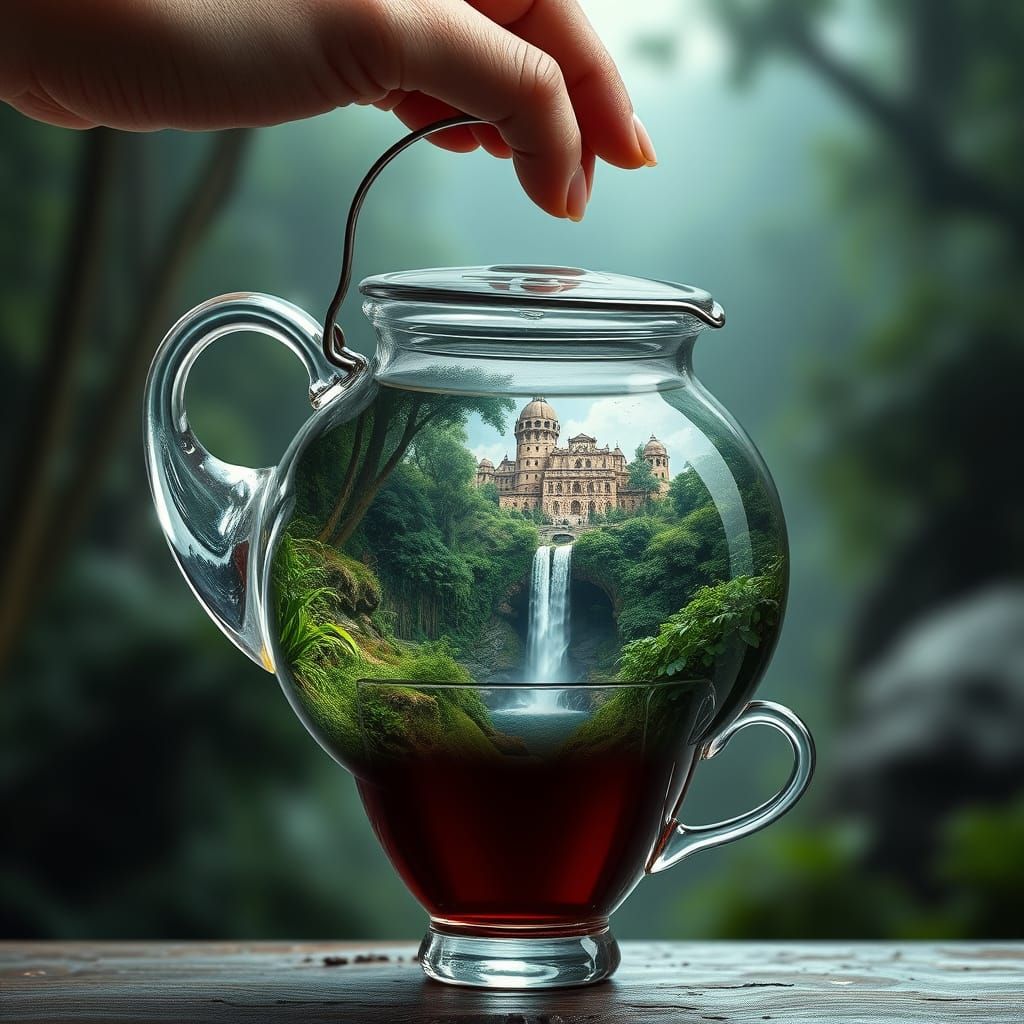 A Female Hand Pours a Rainforest City into a Teapot