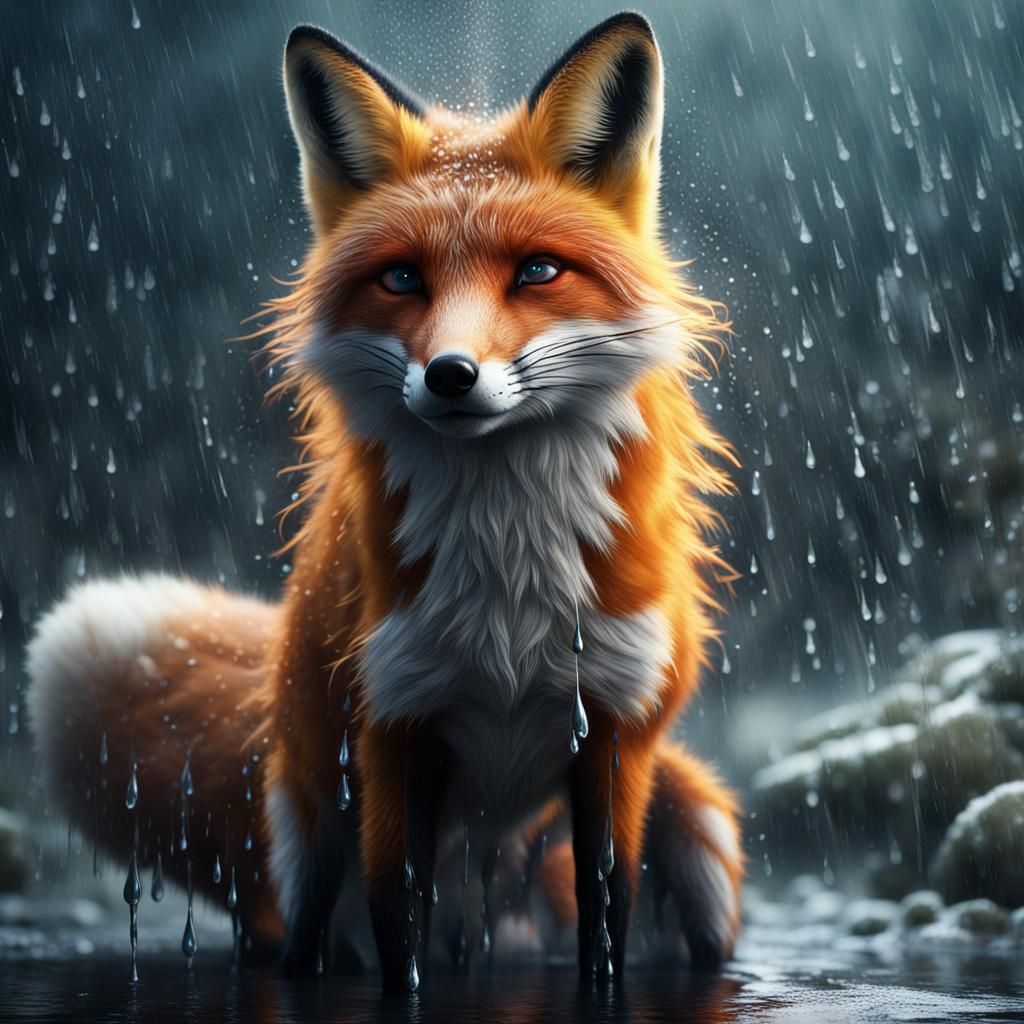 Fox Shaking Fur in Rain: Detailed Matte Painting