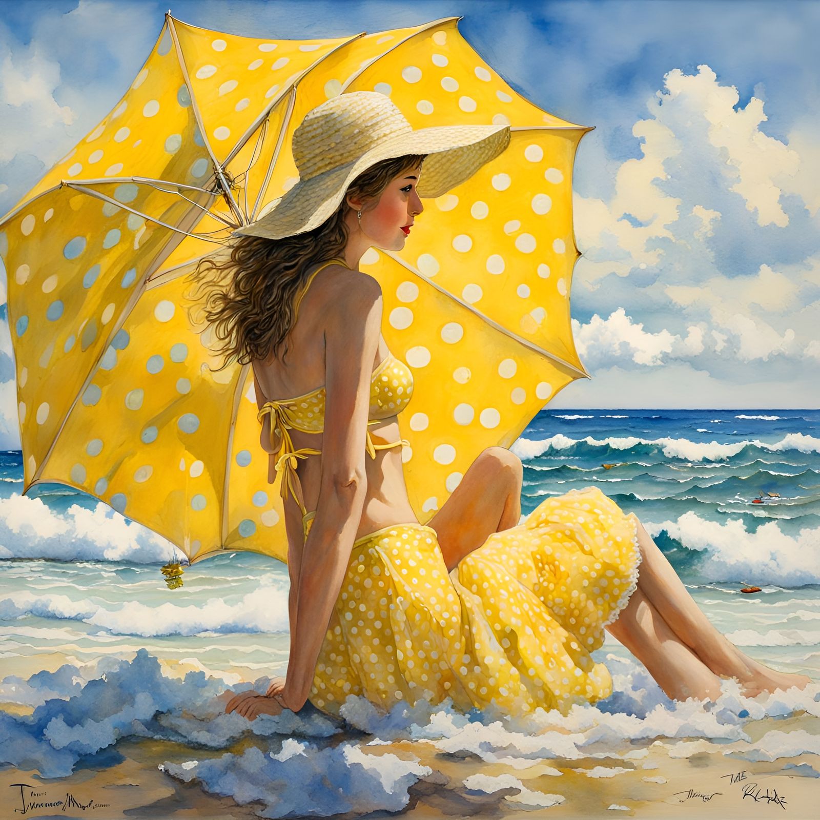 Girl on Beach in Watercolor with Polka Dot Bikini