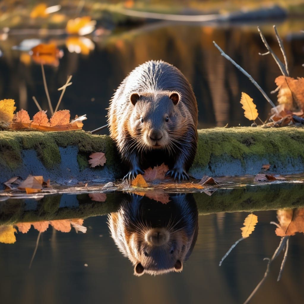 Cute Beaver Building Autumn Dam