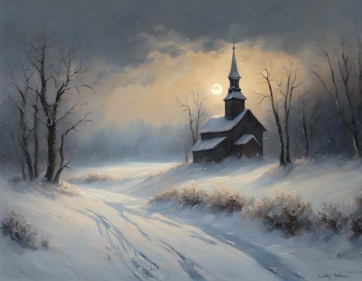 Winter Church in Moonlight: A Tonalist Landscape Painting
