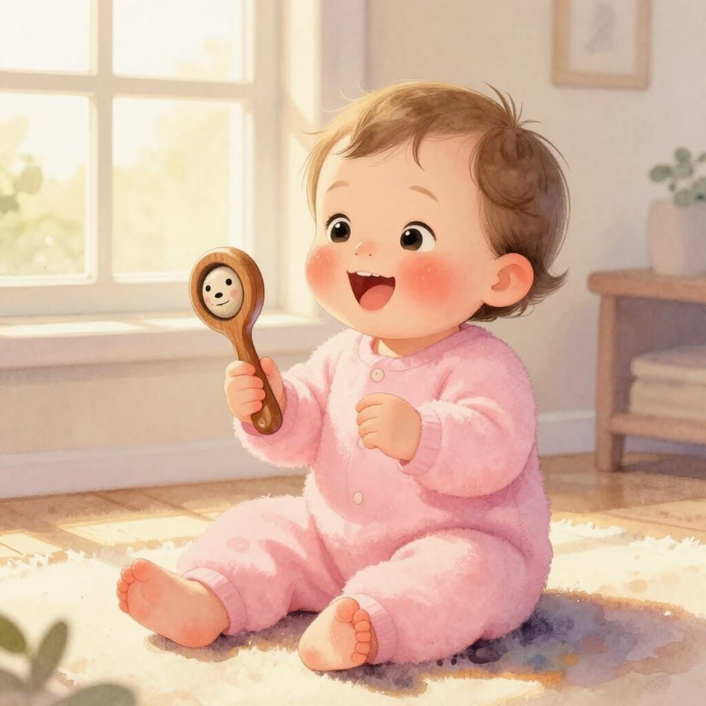 Giggling Baby Girl in Pink Onesie with Wooden Rattle