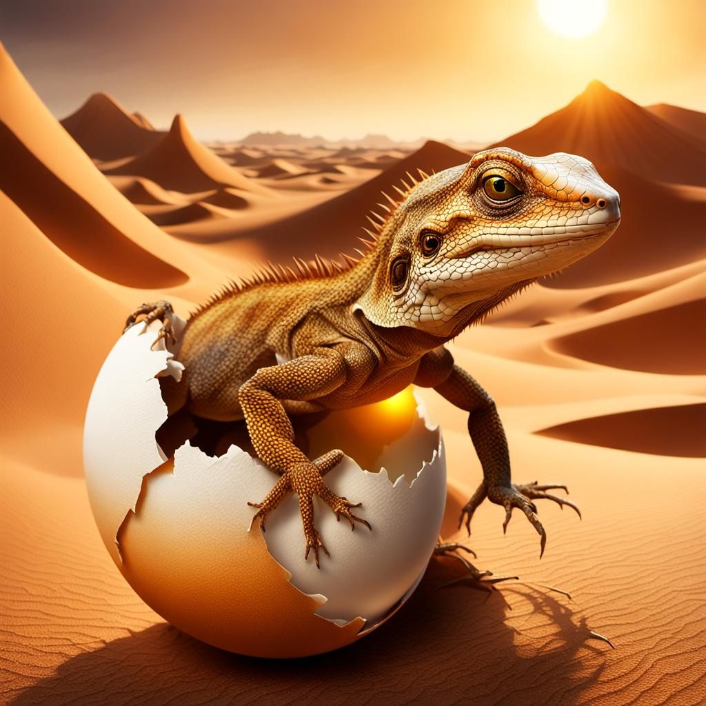 Lizard Hatching From Egg in Desert Environment