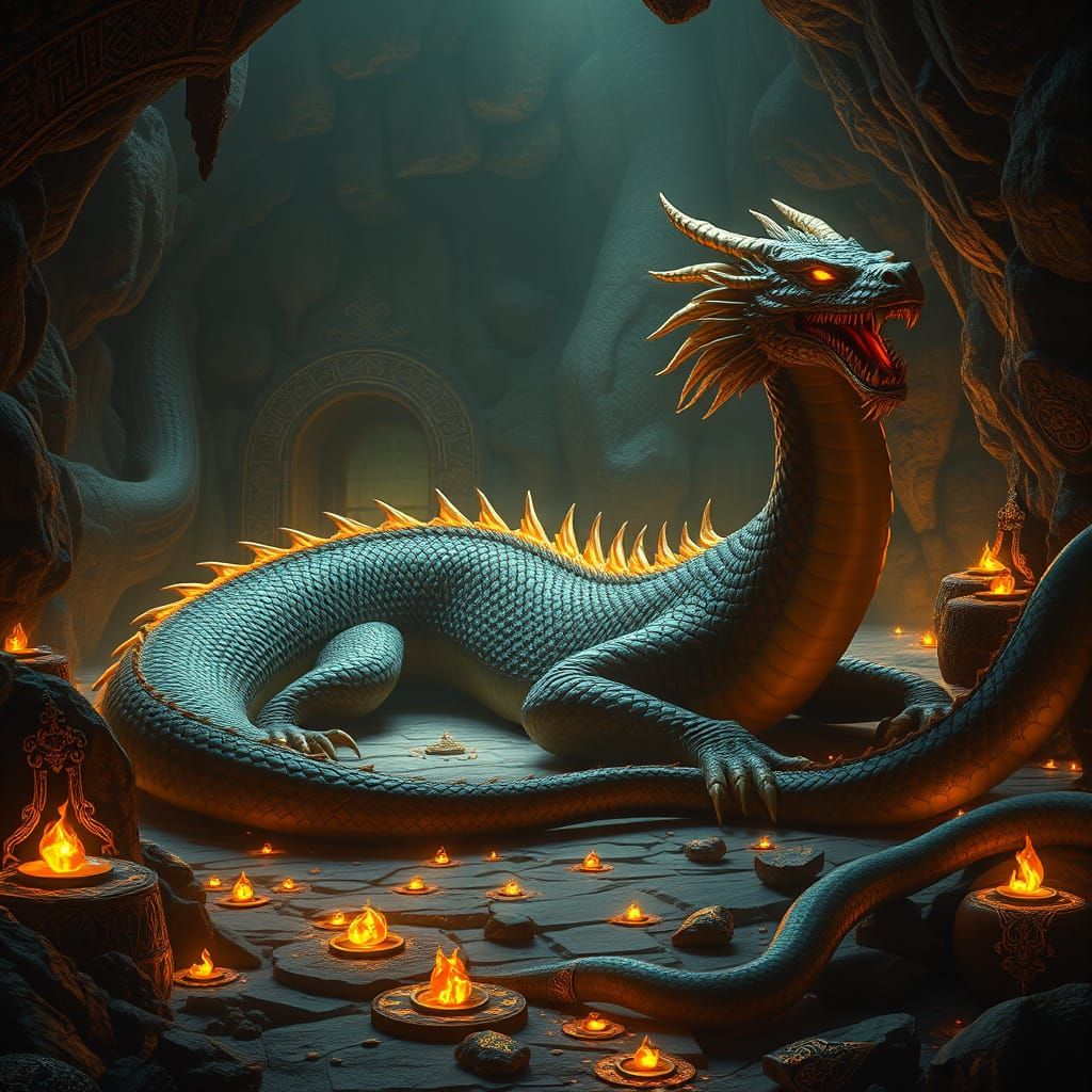 Epic Fantasy Dragon Slumbers in Treasure-Crammed Cavern