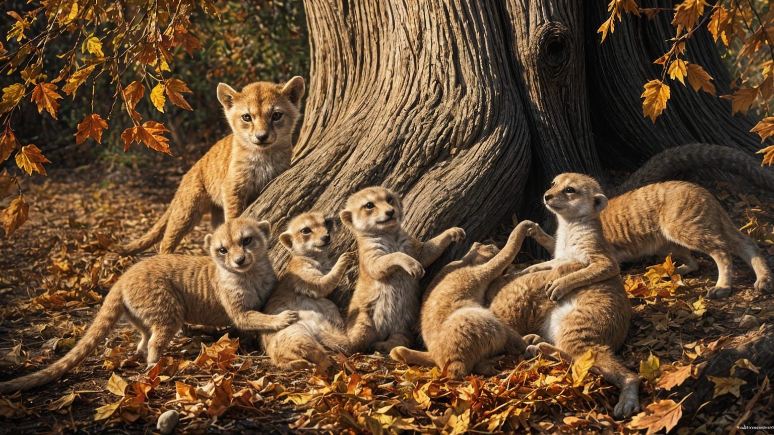 Meerkats Play While Lion Cub Watches in Old Masters Style