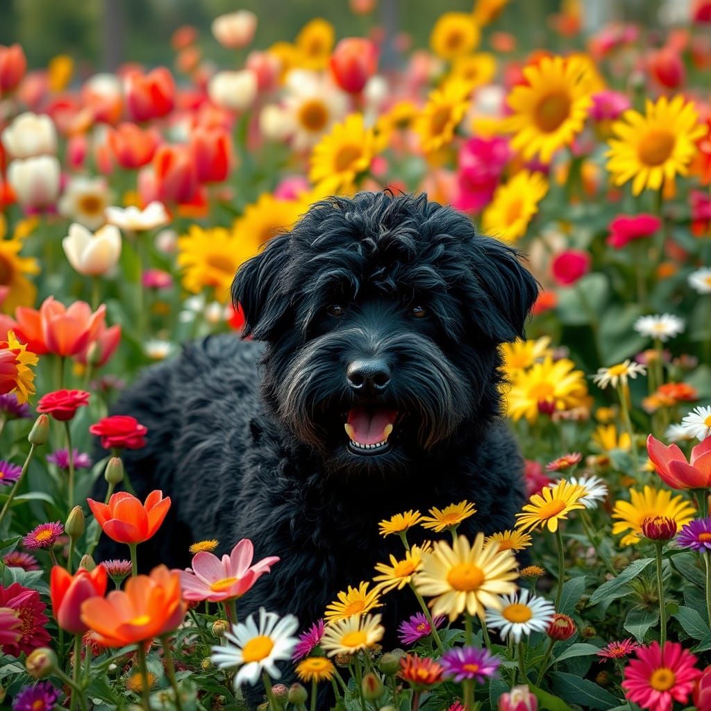 Happy Black Puli in Lush Floral Landscape