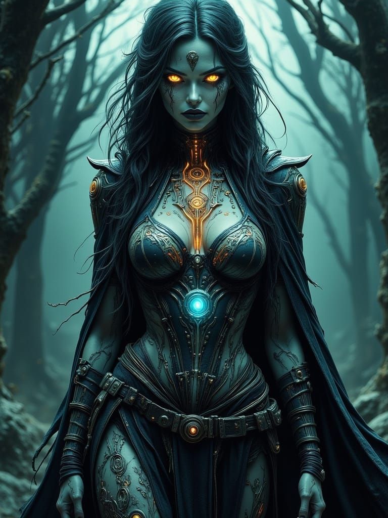 Dark Sorceress Conduits Arcane Chaos in Eerie, Muted Portrai...