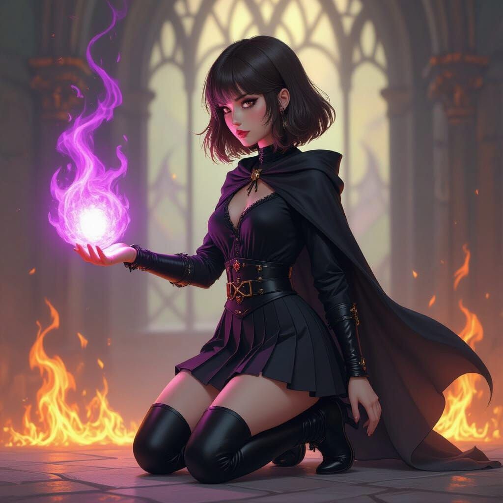 Brown Haired Girl Wielding Purple Flames in Dark Fantasy Sty...