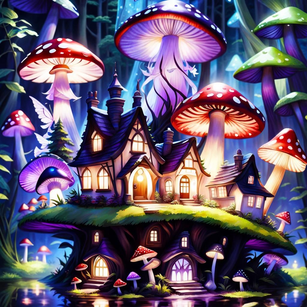 Magical Fairy Village on Toadstools in Dark Fantasy Style