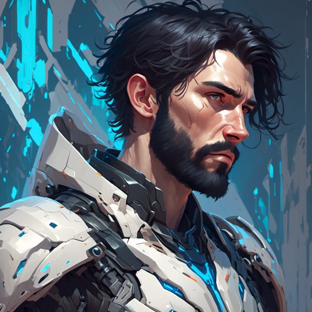 Sad Man in Futuristic Armor, Hyperdetailed Portrait