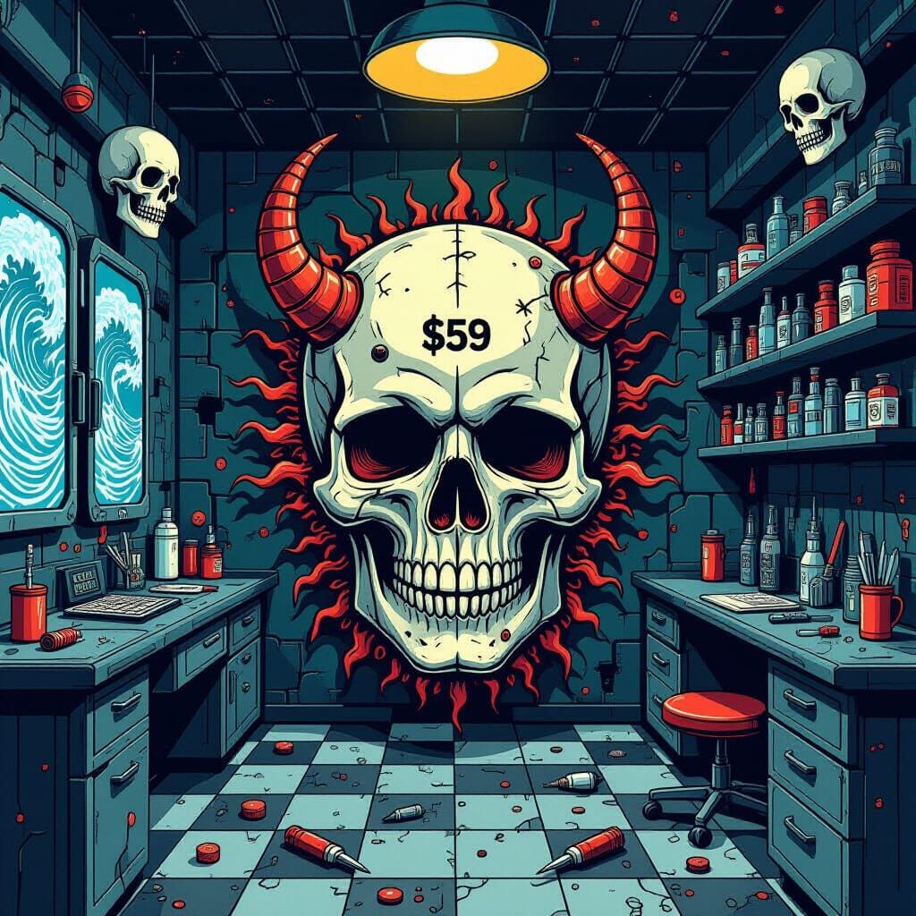 Abstract Science Lab with G59 Skull Art in 3D Cartoon Style