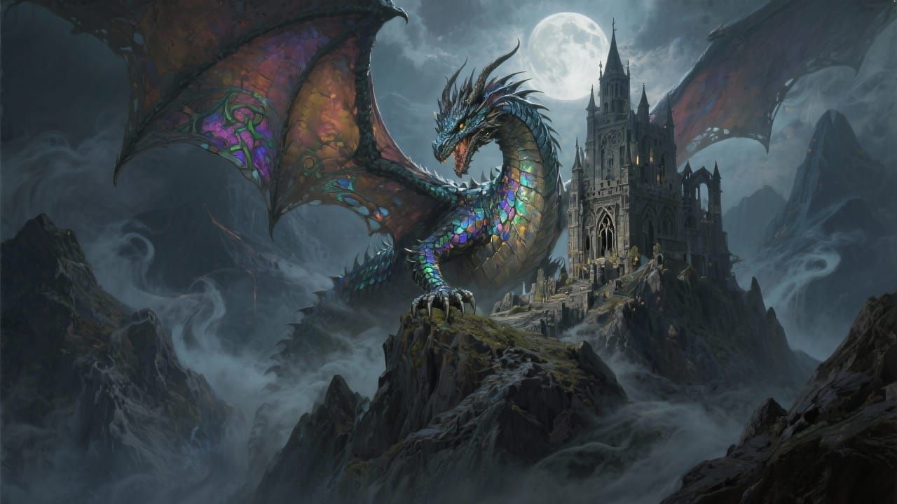 Shimmering Dragon Guards Gothic Moonlit Castle